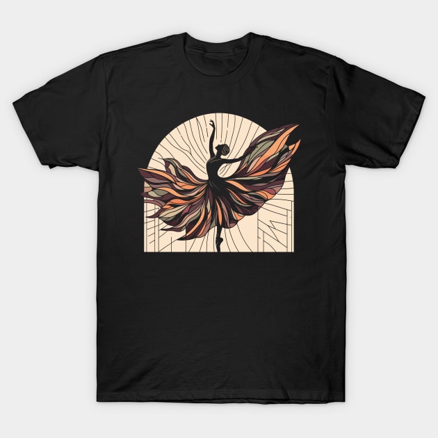 Dancing ballerina on a black background with flowing dress, Vector illustration, tiptoe ballet performer T-Shirt by Nora Liak